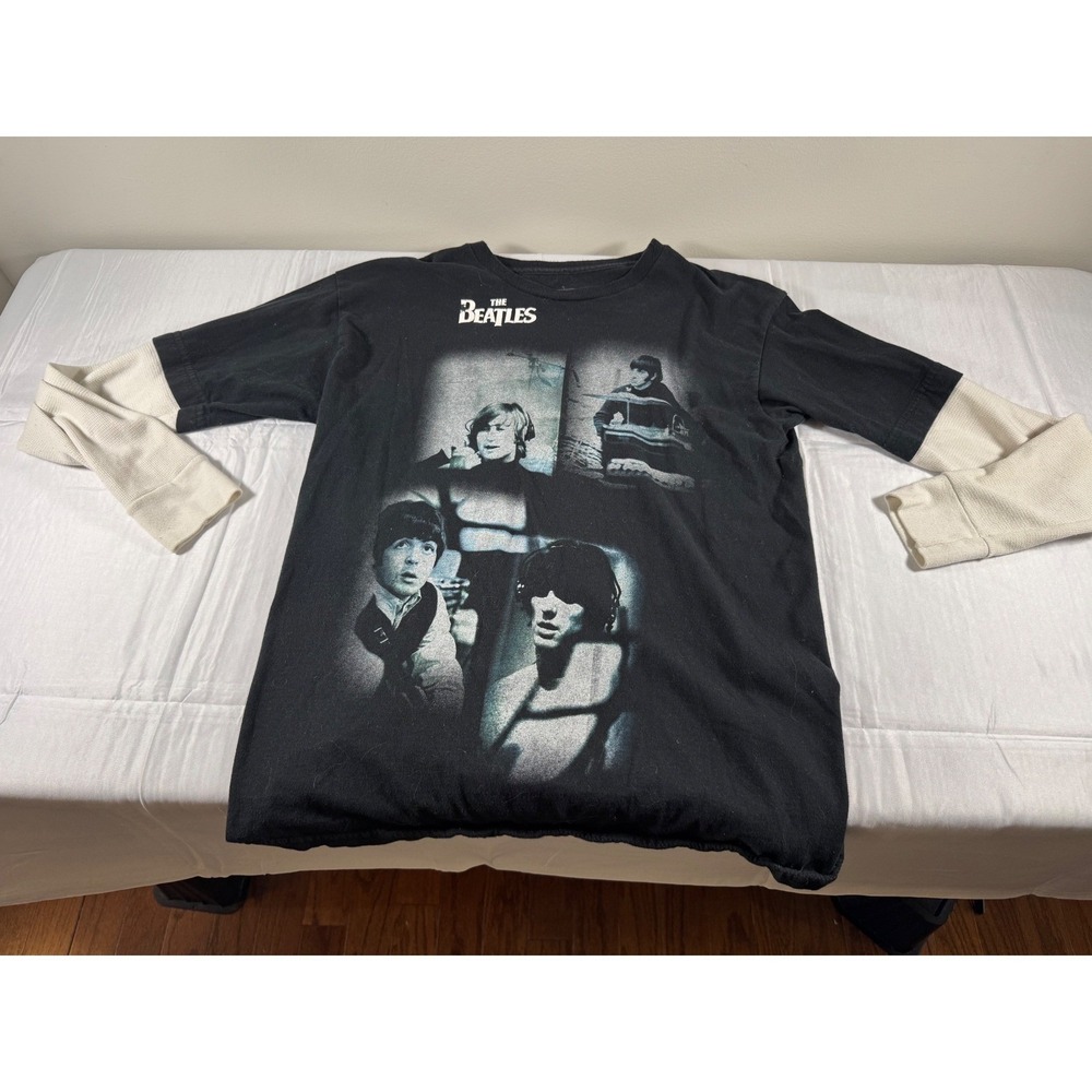 VTG Beatles Let It Be Negative Photo Layered Thermal Long Sleeve Shirt Black M